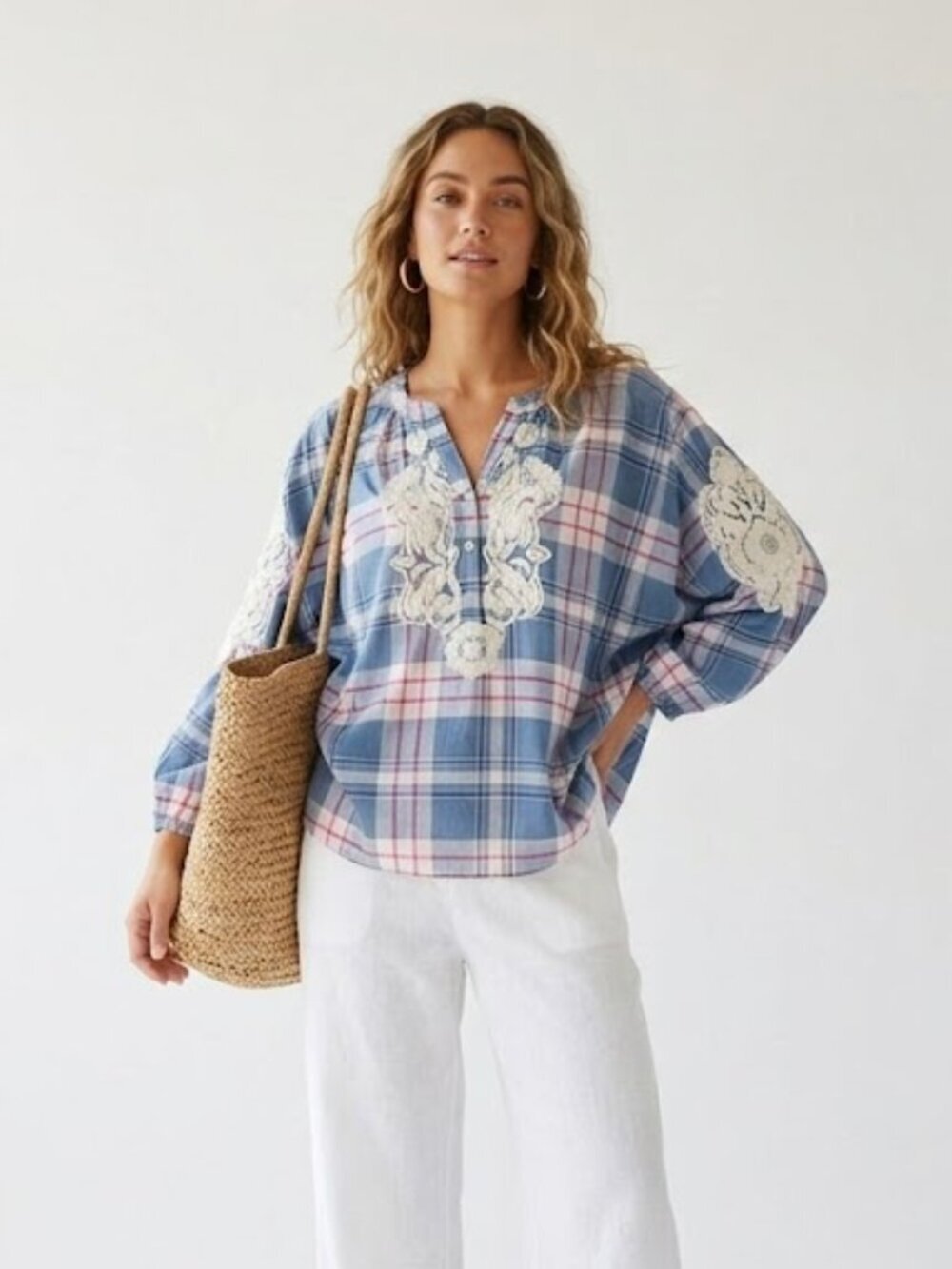 Anouk Grewal Plaid Cotton Boho Blouse Embroidered Top Large